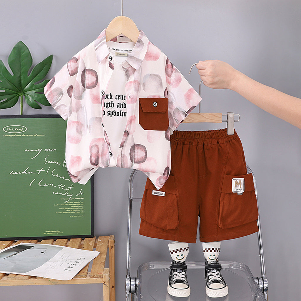 Boys Contrast Front Pocket Printed Shirt With Brown Shorts Set 2 pc. Sets Brown 1-2 Y