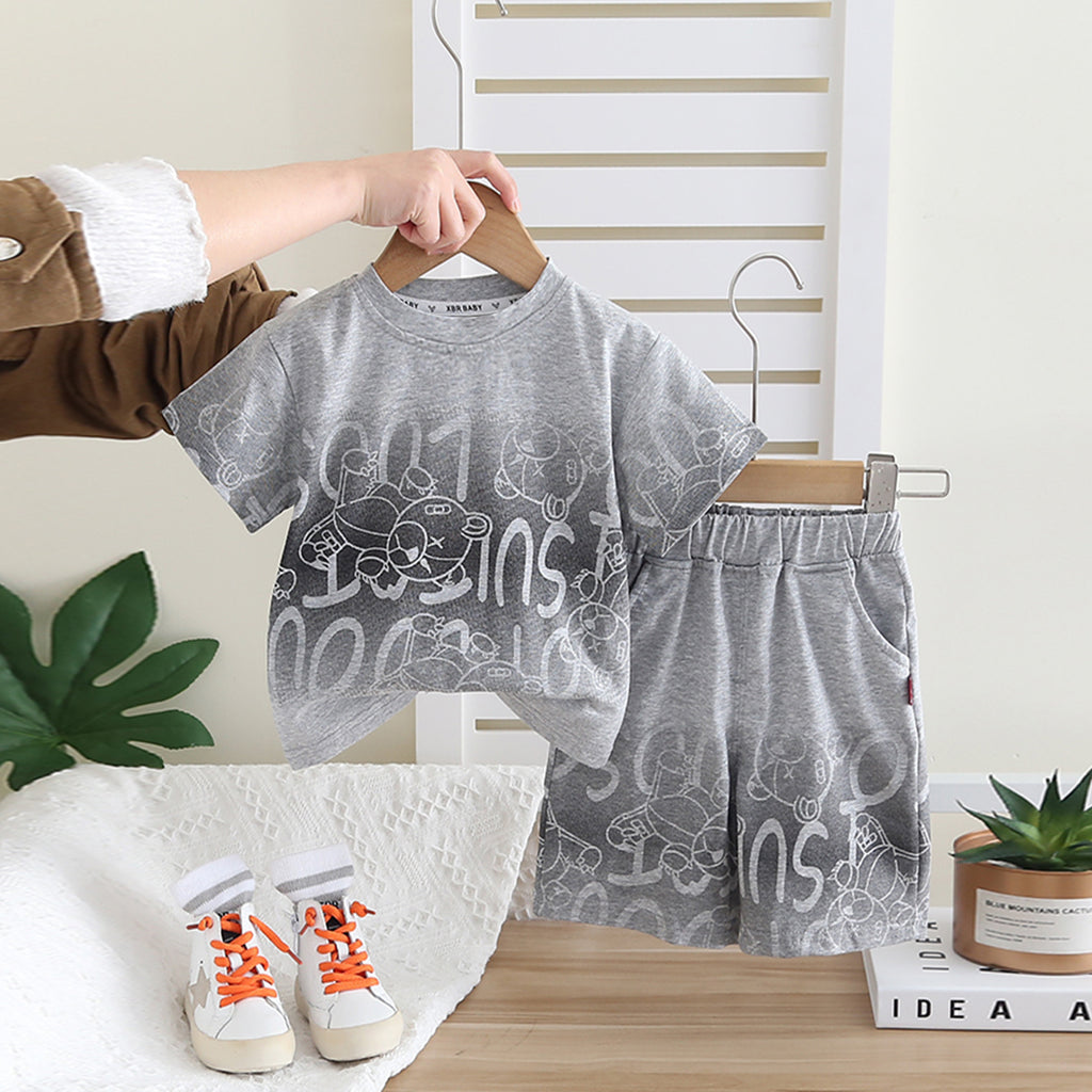Boys Grey Printed Ombre T-shirt with Shorts Set Sets Grey 1-2 Y