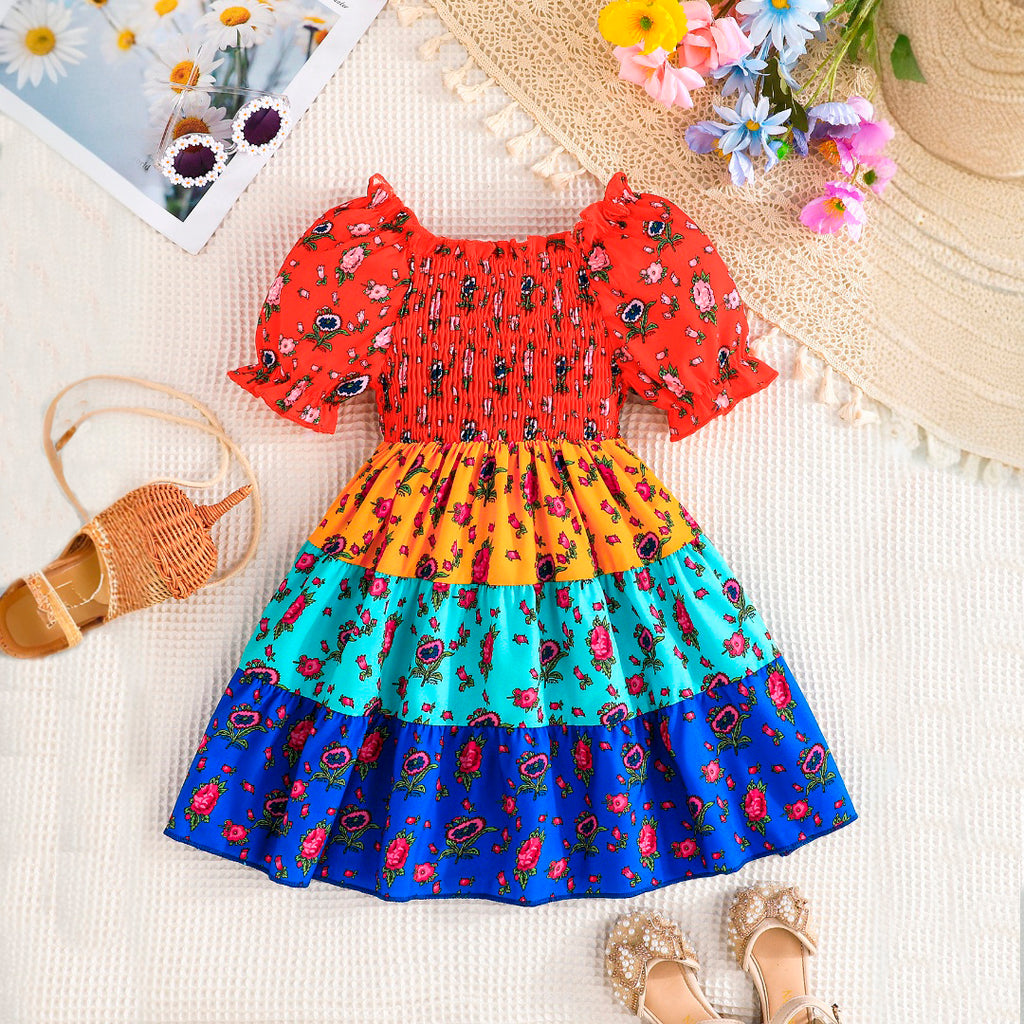Girls Multicolor Printed Tiered Smocked Dress Casual Dresses Multicolor 3-4 Y
