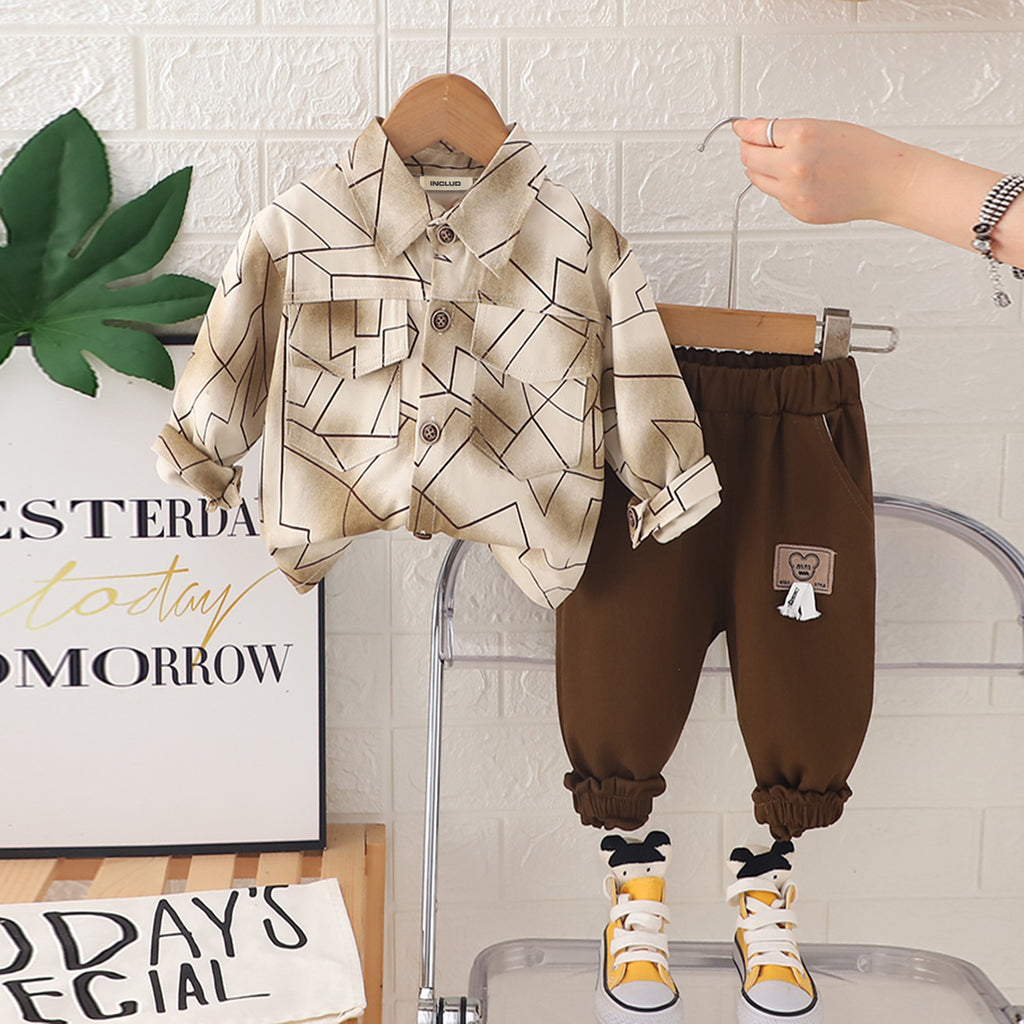 Boys Brown Printed Shirt With Joggers Set 2 pc. Sets Brown 1-2 Y