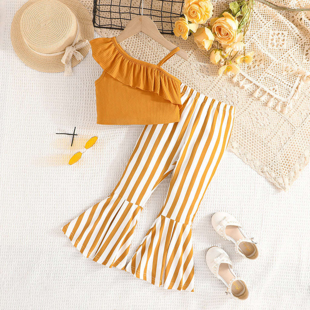 Girls Yellow One Shoulder Crop Top With Striped flared Pants Set 2 pc. Sets Yellow 3-4 Y