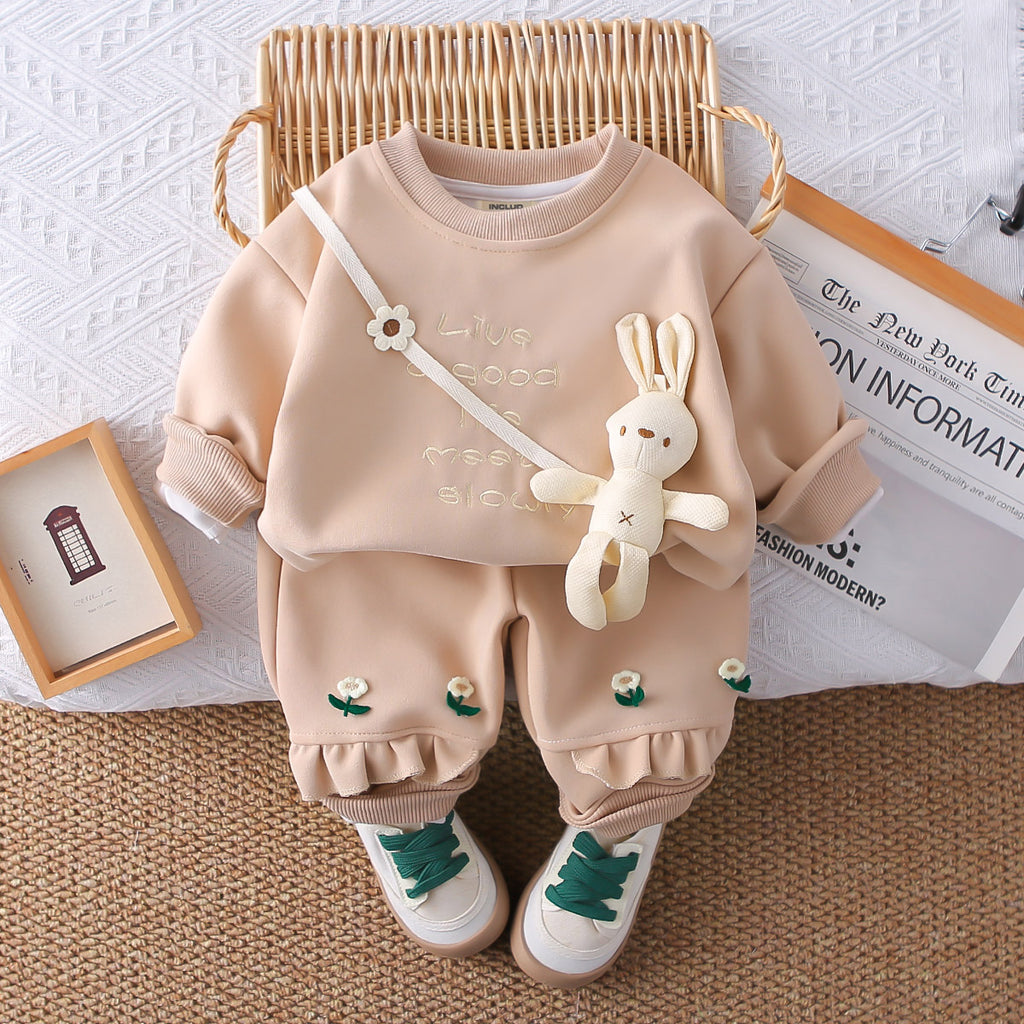 Girls Beige Embroidered Sweatshirt with 3D Attached Toy & Joggers Set Sets Beige 1-2 Y