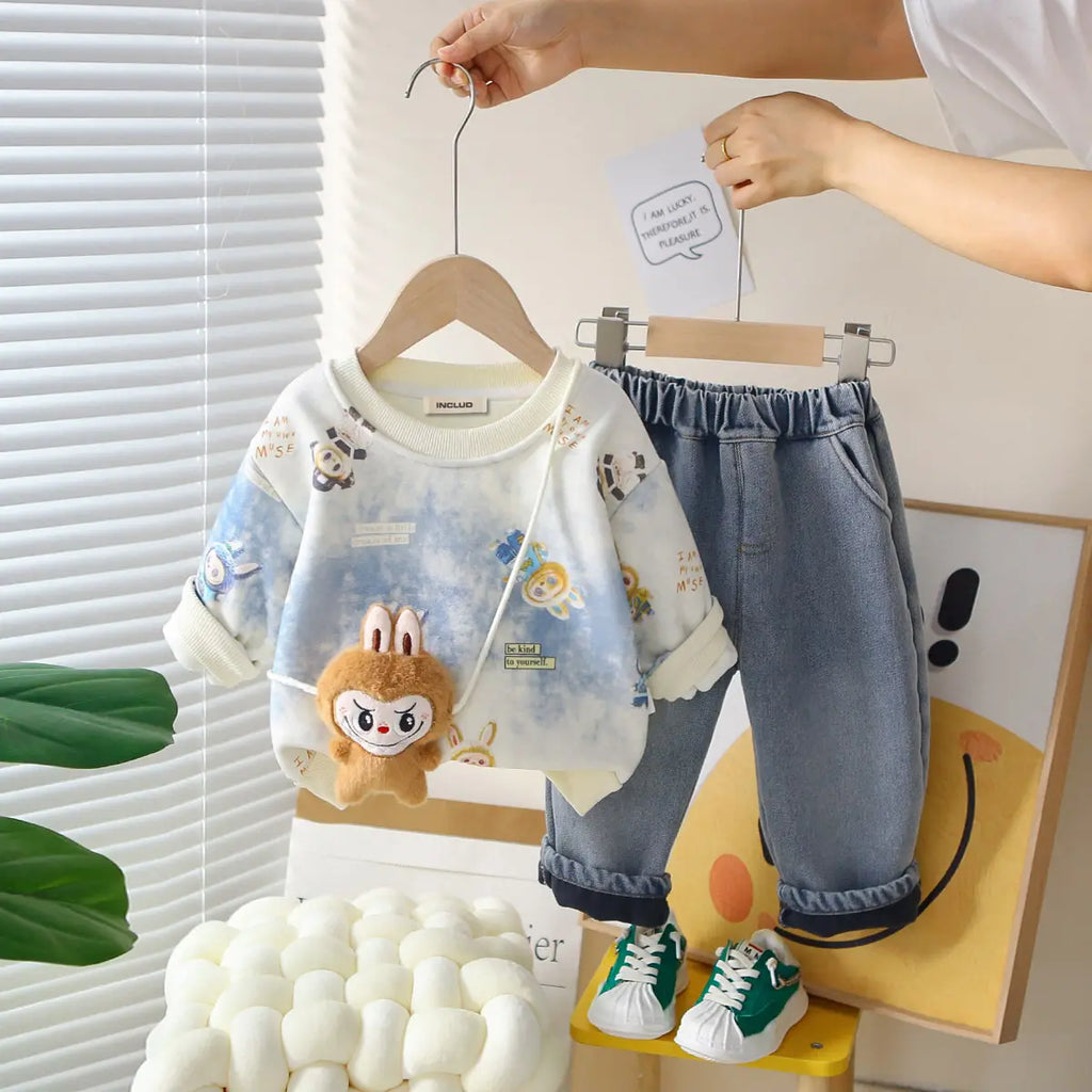 Boys Blue Graphics Regular Sweatshirt With Denim Trousers Sets 3 pc. Sets Blue 1-2 Y