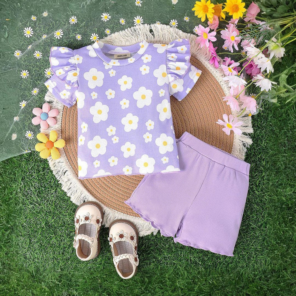 Girls Short Sleeve Flower Printed T-Shirt With Shorts Set 2 pc. Sets Purple 1-2 Y 