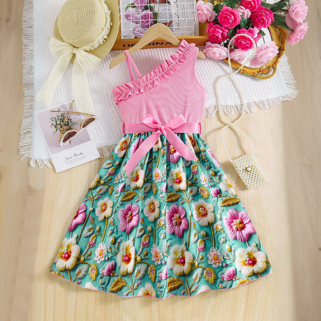 Girls Pink Floral Printed One Shoulder Fit And Flared Midi Dress Casual Dresses Pink 3-4 Y