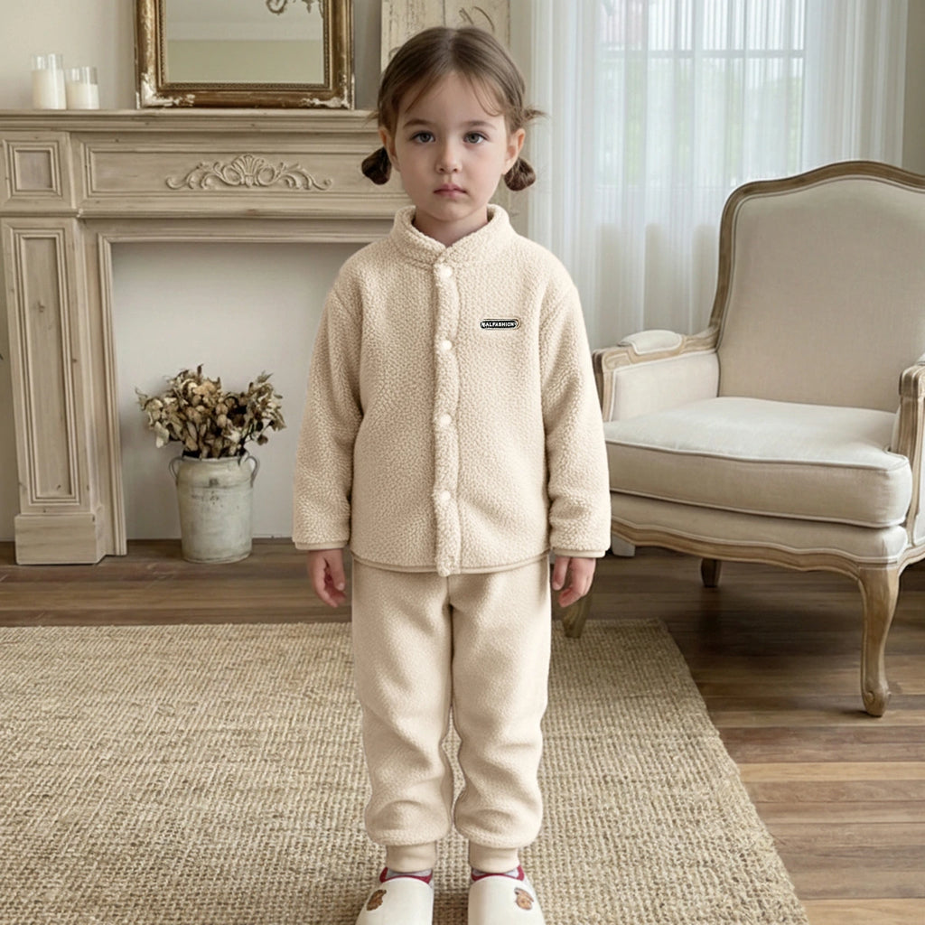 Girls Beige Fleece Jacket With Jogger Co-ord Sets Sets Beige 1-2 Y