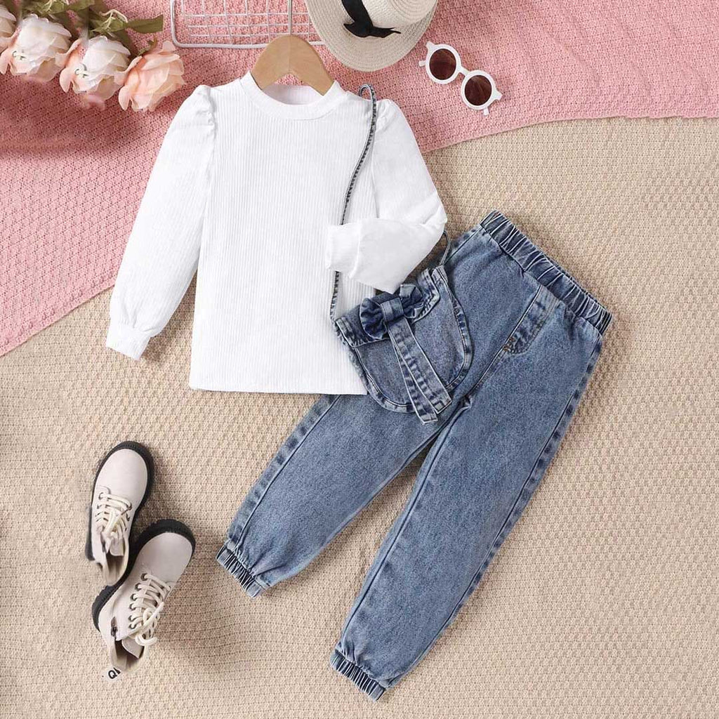 Girls Long Sleeve Knitted Top With Denim Jogger Set Sets White 2-3 Y 