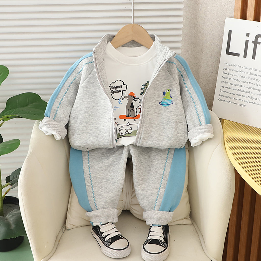 Boys Grey Dinosaur Embroidered Winter Sweatshirt With T-Shirt and Pants Set 3 pc. Sets Grey 1-2 Y