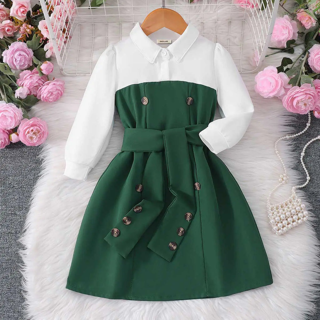 Girls Green Solid Long Sleeves Shirt Dress Casual Dresses Green 3-4 Y