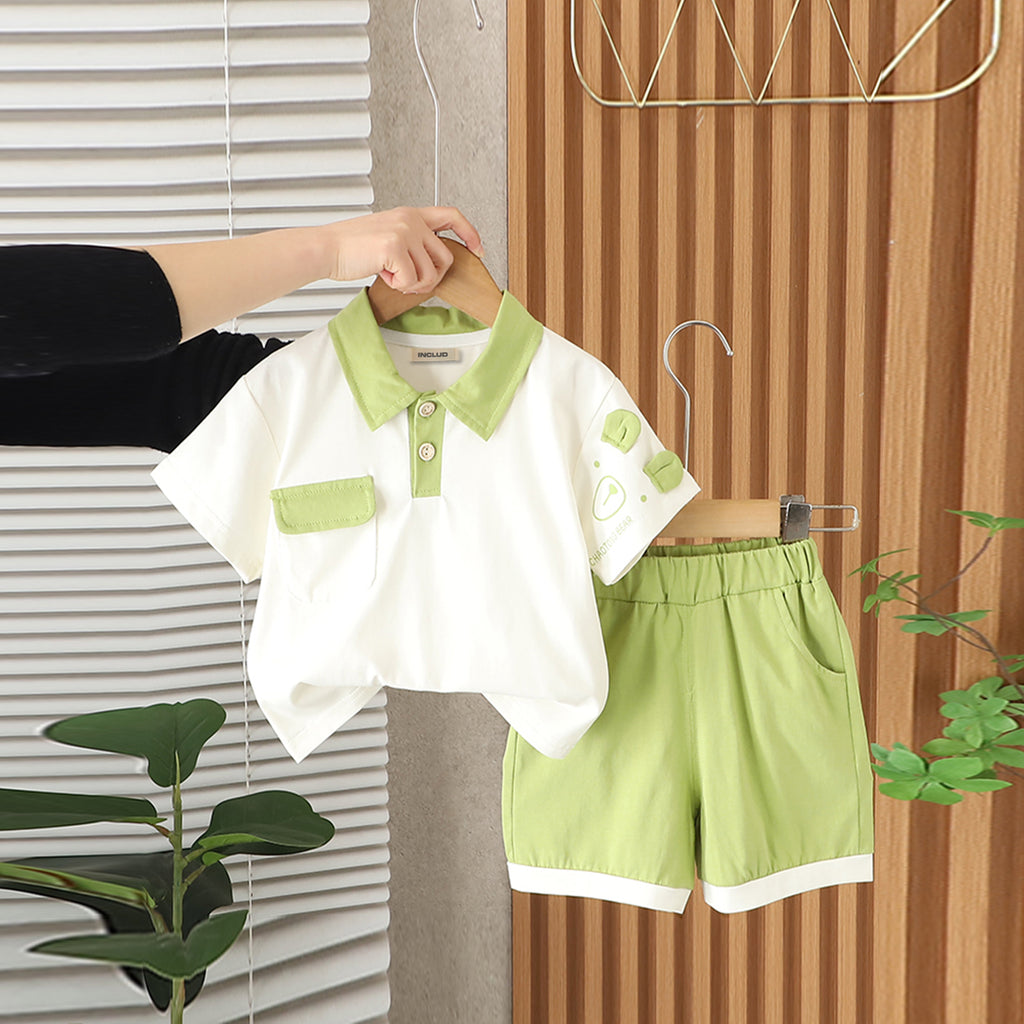 Boys Short Sleeves Contrast Collared Polo T-Shirt With Green Shorts Set 2 pc. Sets Green 1-2 Y