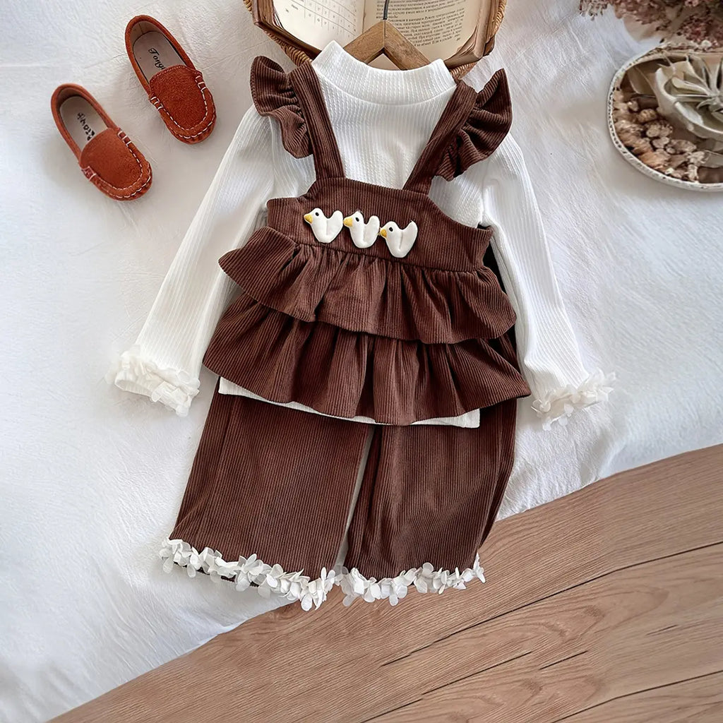 Girls Knitted Long Sleeves Top With Brown Corduroy Tiered Top & Pant Sets Sets Brown 1-2 Y