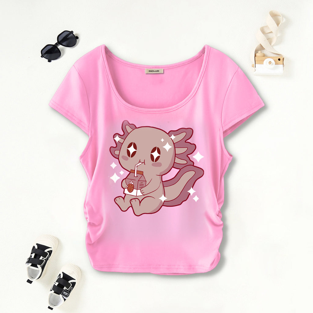 Girls Light Pink Graphic Printed Short Sleeves Scoop Neck T-Shirt Tshirts Light Pink 7-8 Y