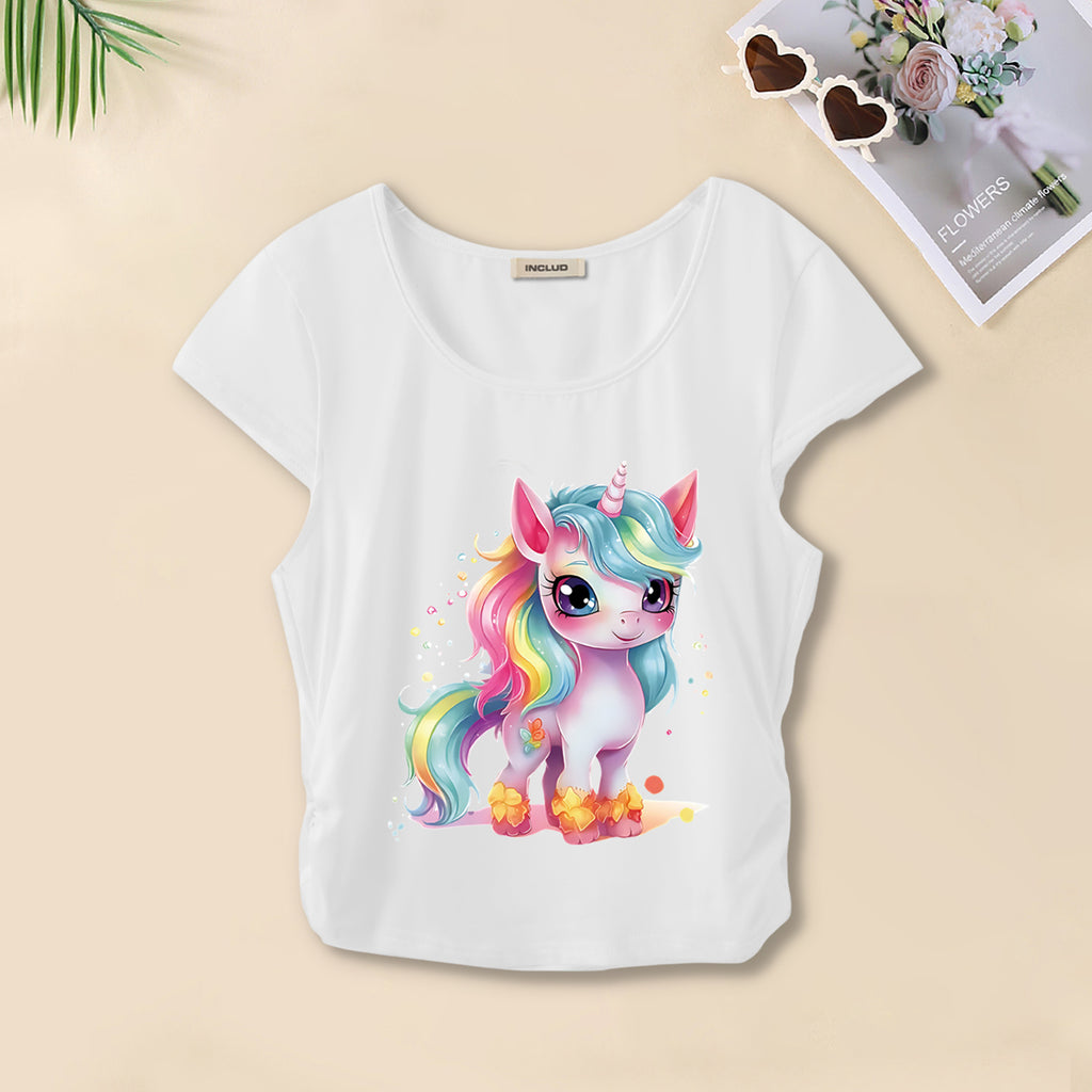 Girls White Graphic Unicorn Print Short Sleeves Scoop Neck T-Shirt Tshirts White 7-8 Y
