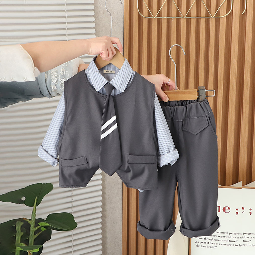 Boys Grey Solid Waistcoat With Shirt & Neck-tie & Pants Set Sets Grey 1-2 Y