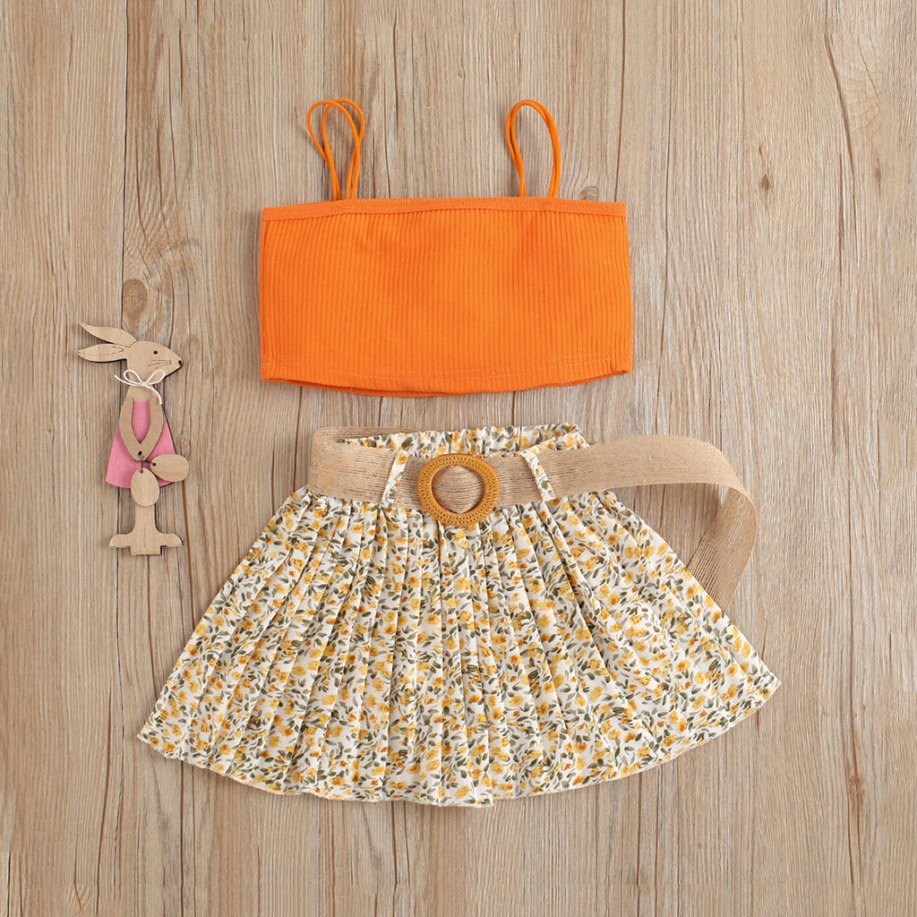 Girls Camisole Top With Floral Printed Pleated Skirt Set Sets Orange 1-2 Y