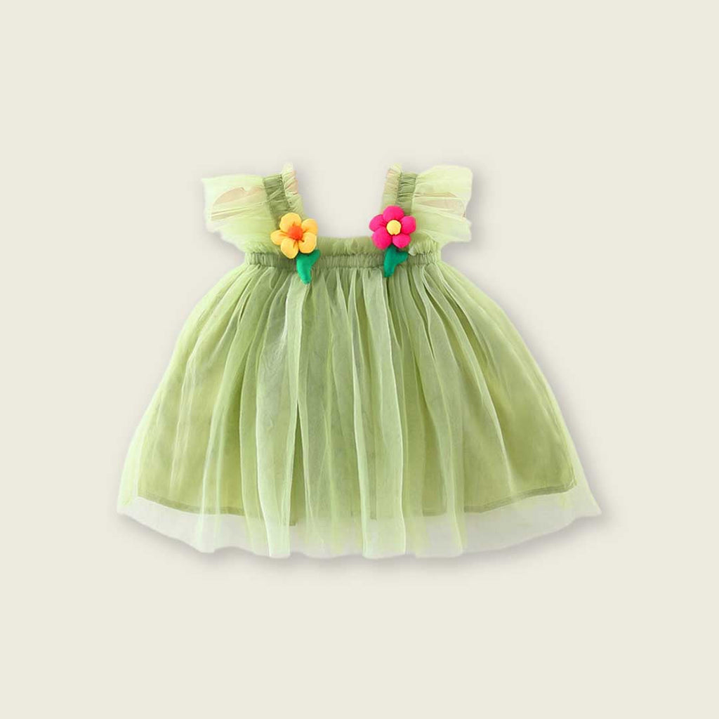 Girls Flower Patch Casual Tulle Dress Casual Dresses Green 1-2 Y 