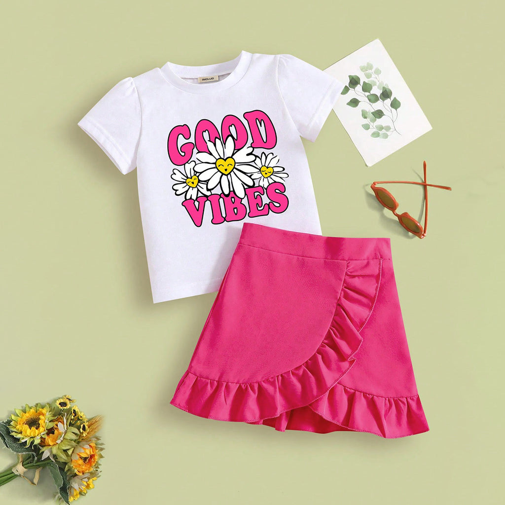 Girls Short Sleeves Typographic Printed Top With Pink Ruffled Skirt Set 2 pc. Sets Pink 3-4 Y