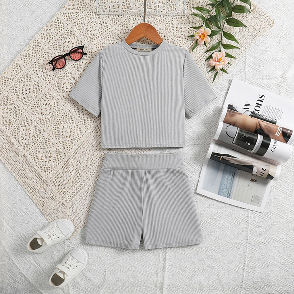 Girls Short Sleeve Knitted Top With Short Set 2 pc. Sets Gray 7-8 Y 