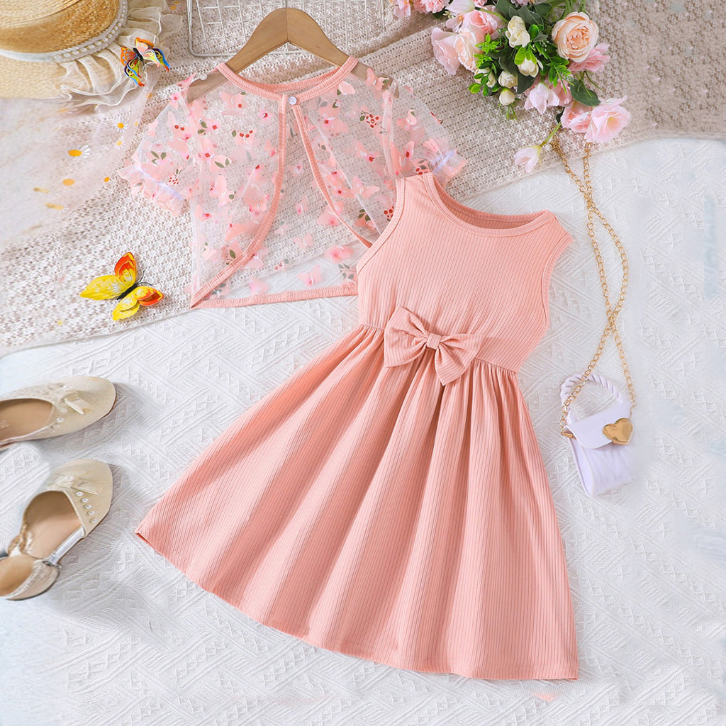 Girls Peach Butterfly Printed Shrug With Sleeveless Dress Casual Dresses Peach 3-4 Y
