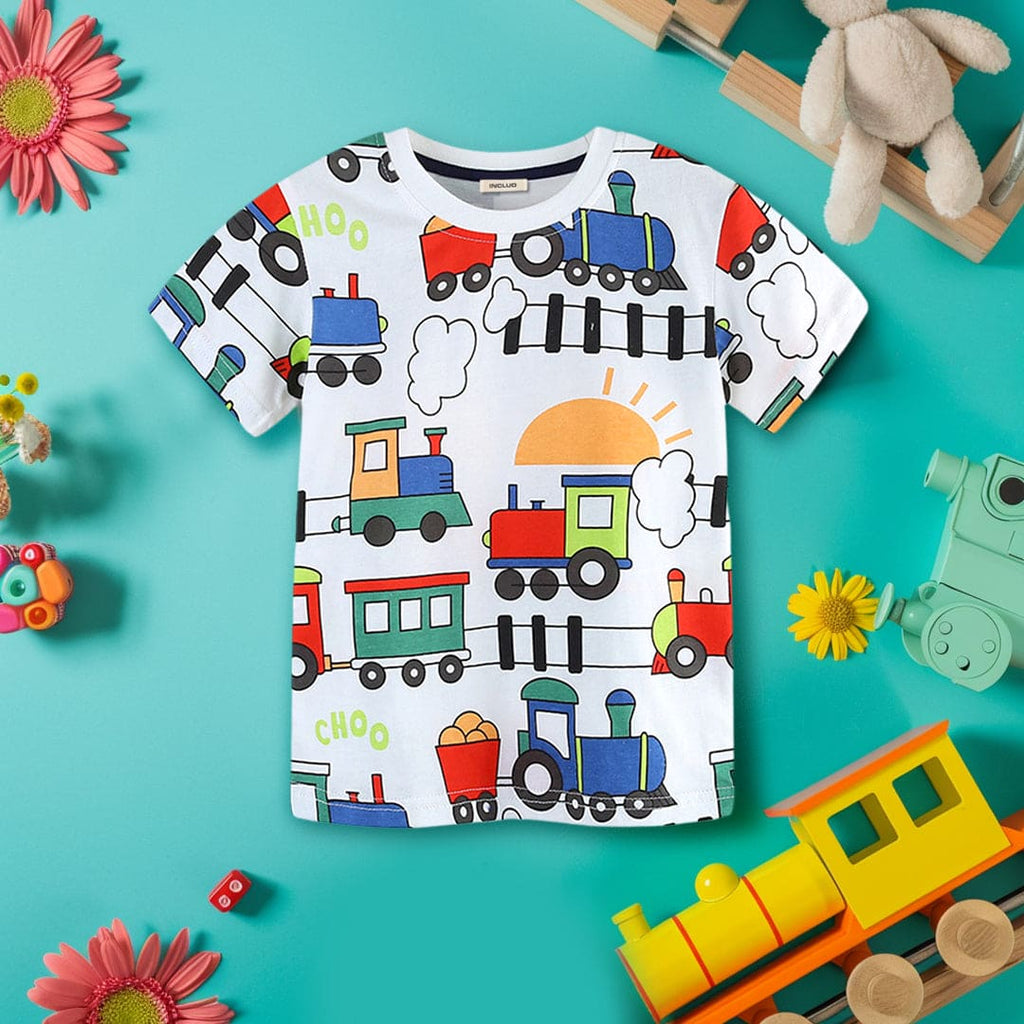 Boys Train Print Short Sleeve T-Shirt Tshirts White 1-2 Y 