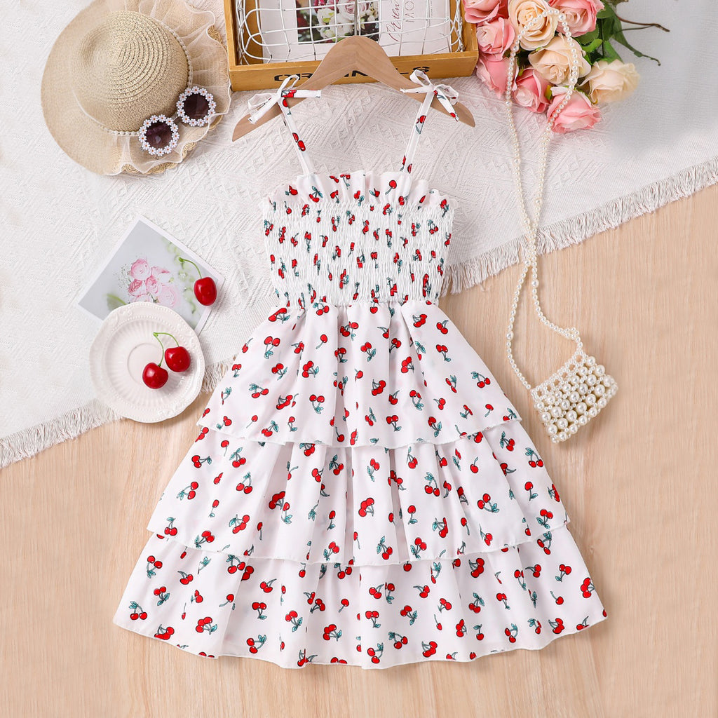 Girls White Cherry Printed Sleeveless Smocked Fit & Flare Casual Dress Casual Dresses White 3-4 Y