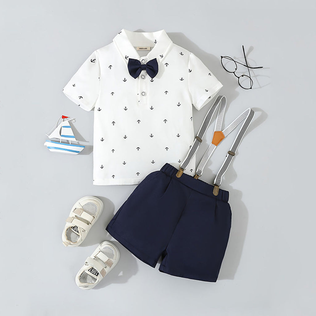 Boys White Arrow Printed Polo T-Shirt With Suspender Shorts Set 2 pc. Sets White 1-2 Y
