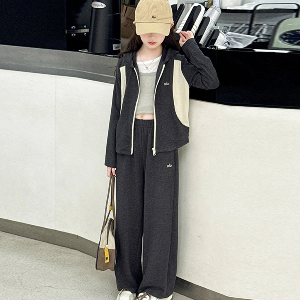 Girls Dark Grey Colorblocked Hooded Zip-up Jacket With Pants Sets Sets Dark Grey 5-6 Y