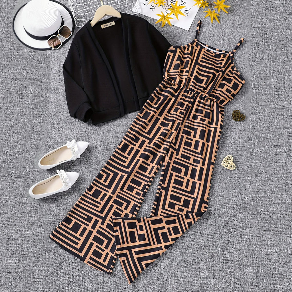Girls Brown Abstract Printed Sleeveless Jumpsuit With Cardigan Jumpsuits Brown 7-8 Y