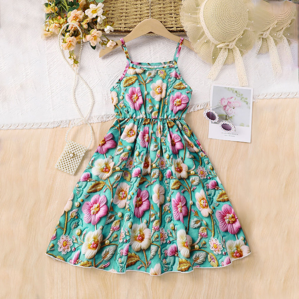 Girls Green Floral Printed Sleeveless Fit & Flare Dress Casual Dresses