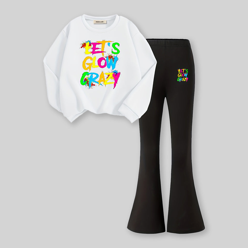 Girls White Printed Sweatshirt With Flared Pants Sets 2 pc. Sets White 7-8 Y