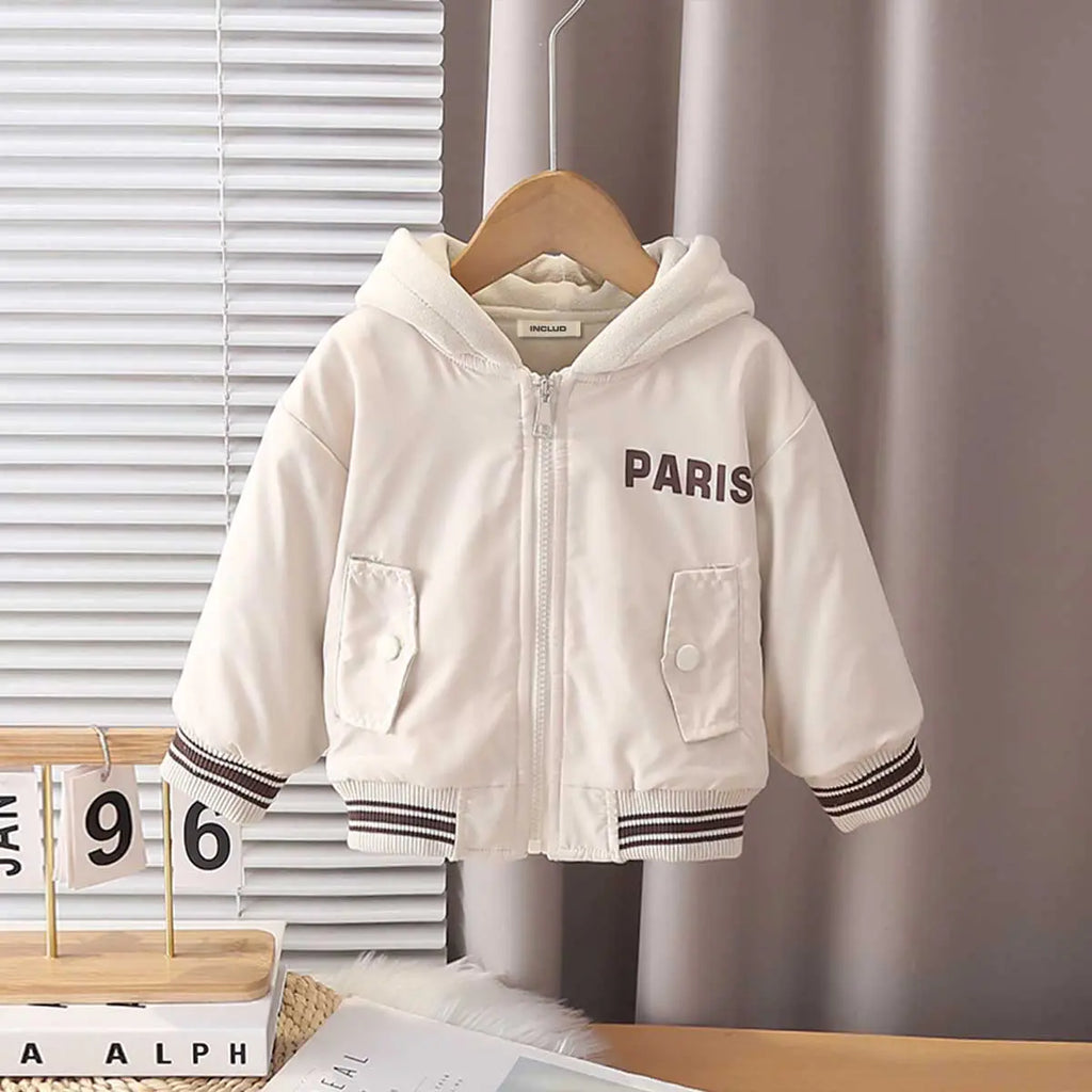 Boys Beige Typographic Printed Hooded Zipper Jacket Coats & Jackets Beige 1-2 Y