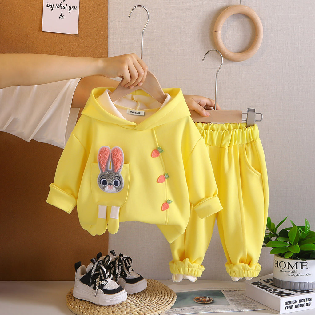Girls Yellow Solid Rabbit Applique Hooded Sweatshirt With joggers Set 2 pc. Sets Yellow 1-2 Y