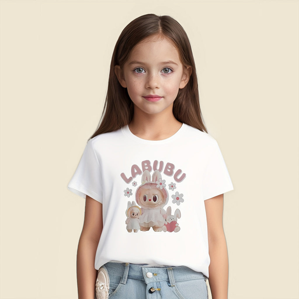 Girls White Doll Printed Short Sleeves Casual T-shirt Tshirts White 5-6 Y