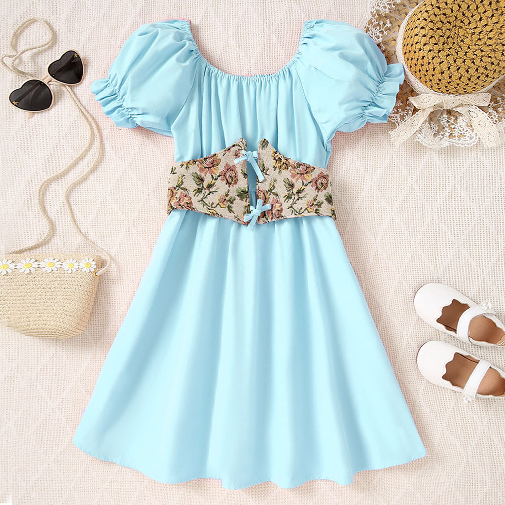 Girls Blue Gathered Skaters Dress With Corset Casual Dresses