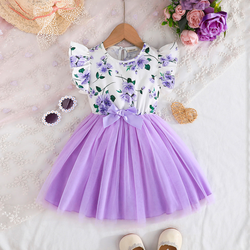 Girls Purple Floral Printed Flutter Sleeves Round Neck Dress Casual Dresses