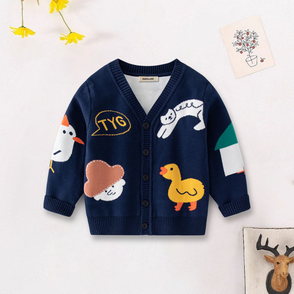 Boys Navy Blue Knitted Cardigan with Self-Design Animal Patterns Sweaters & Cardigans Navy Blue 2-3 Y