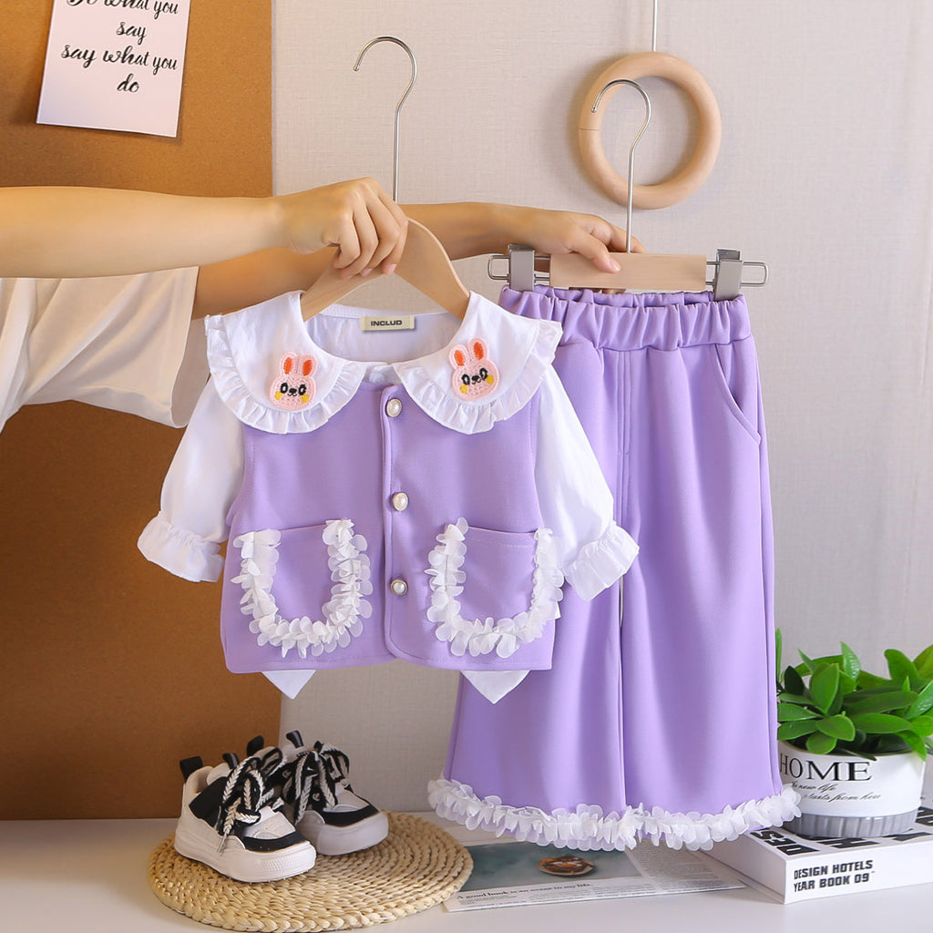 Girls Purple Solid Sleeveless Jacket With Top & Pants Set Sets Purple 1-2 Y