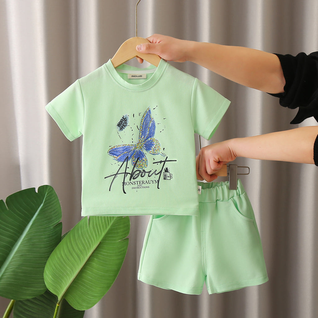 Boys Green Butterfly Printed Short Sleeves T-Shirt With Shorts Set 2 pc. Sets Green 1-2 Y