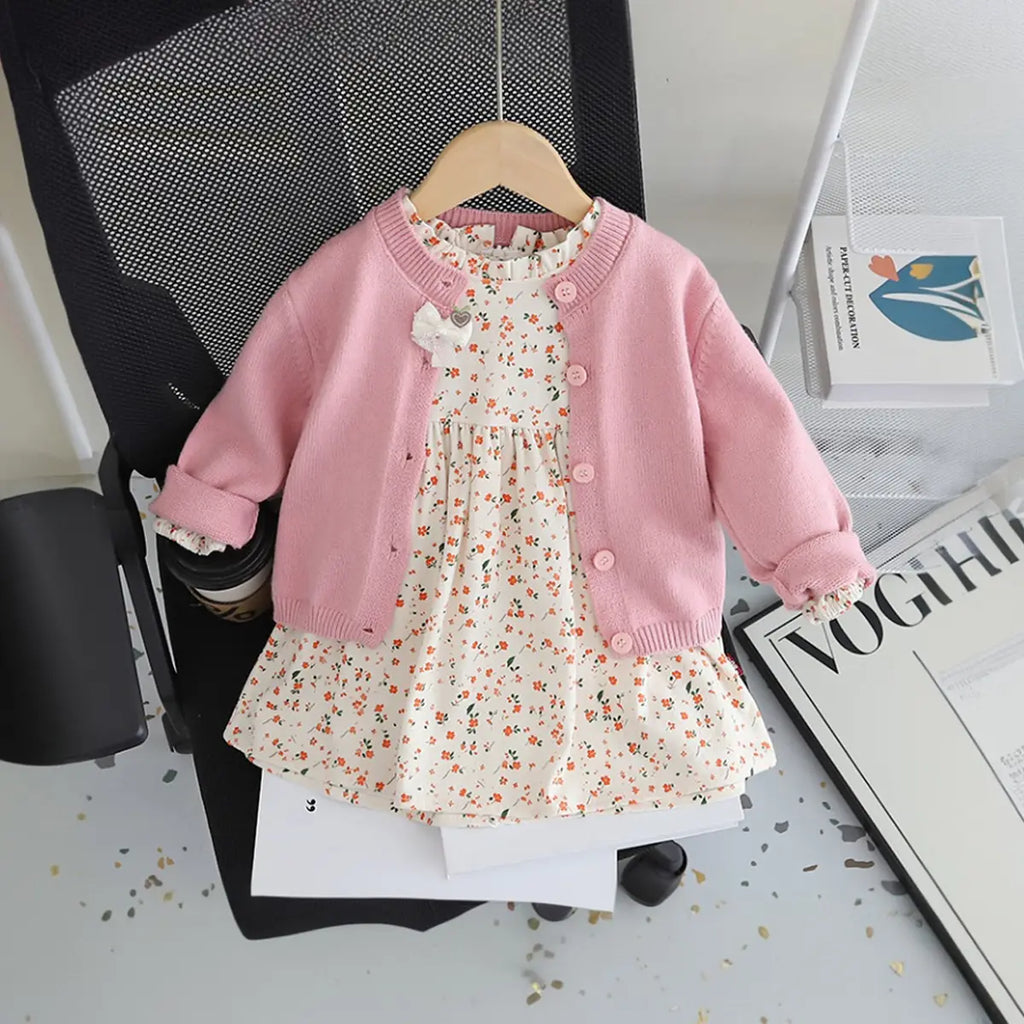 Girls Pink Solid Cardigan With Floral Printed Top Sweaters & Cardigans Pink 1-2 Y