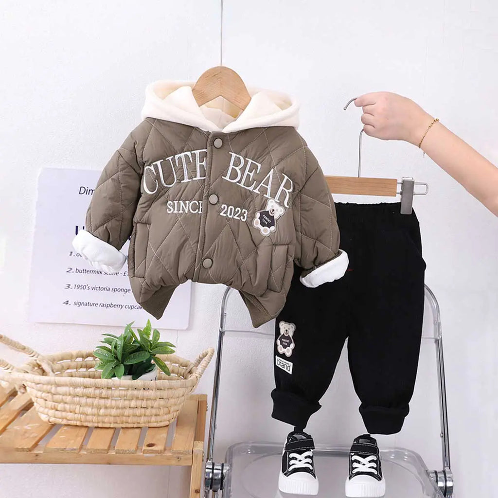 Boys Green Embroidered Quilted Puffer Jacket With Jogger Sets Sets Green 1-2 Y