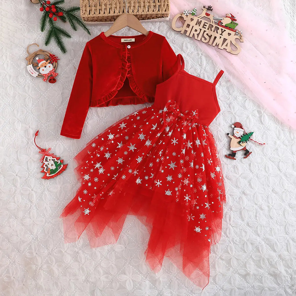 Girls Red Embroidered Tulle Overlay Fit & Flare Dress With Shrug Casual Dresses Red 2-3 Y