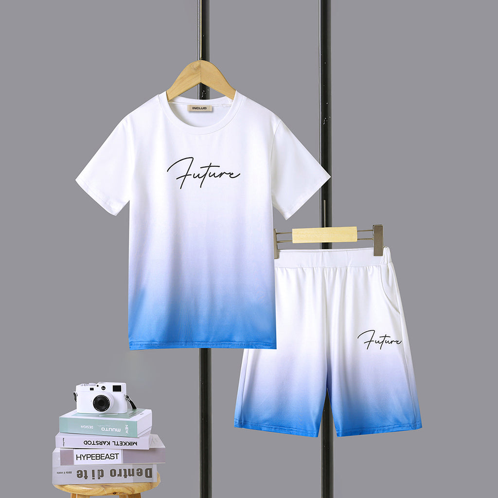 Boys White-Blue Ombre Effect T-shirt with Shorts Set Sets Blue 5-6 Y