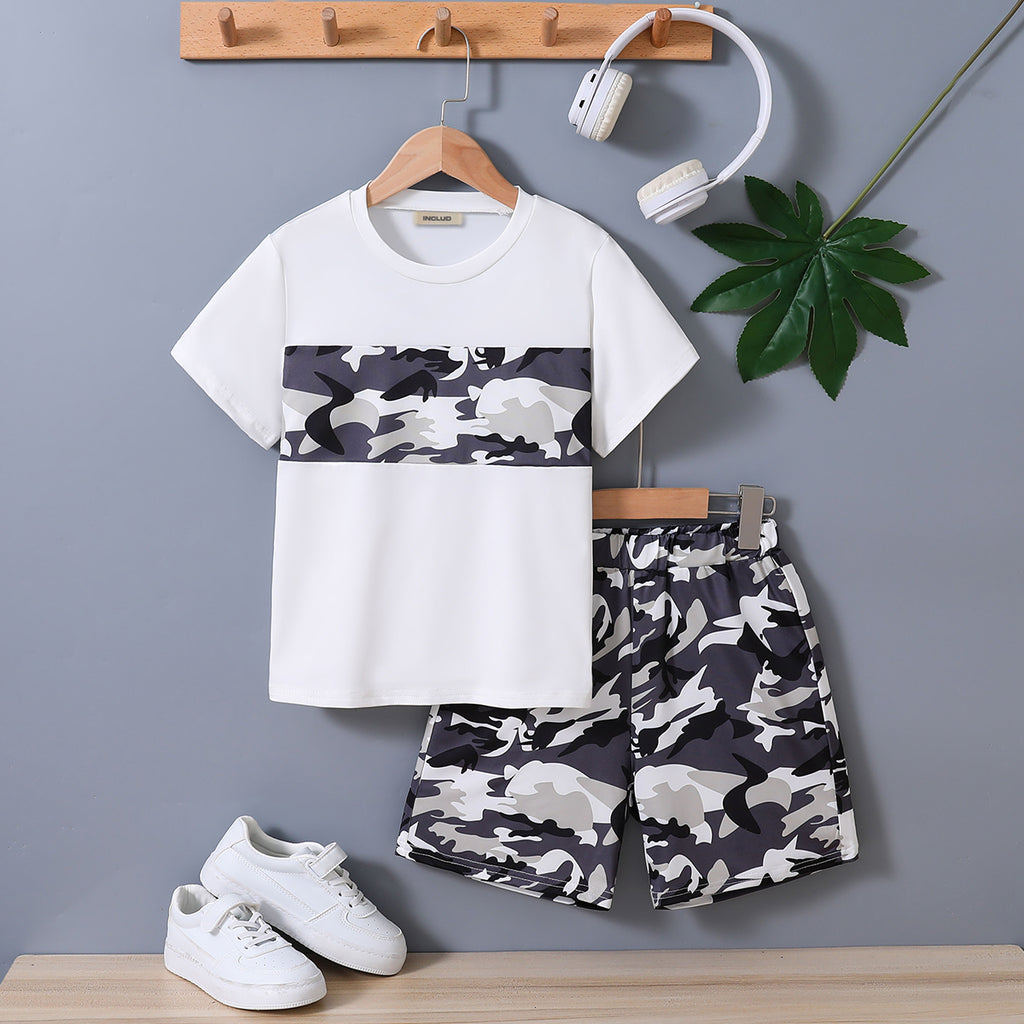 Boys White Short Sleeve Camouflage Printed T-Shirt With Shorts Set 2 pc. Sets