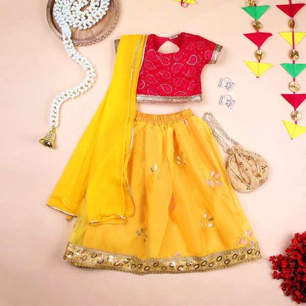 Girls Fuchsia Sequins Choli with Amber Embroidered Lehenga Set Ethnicwear Girls Yellow 1-2 Y