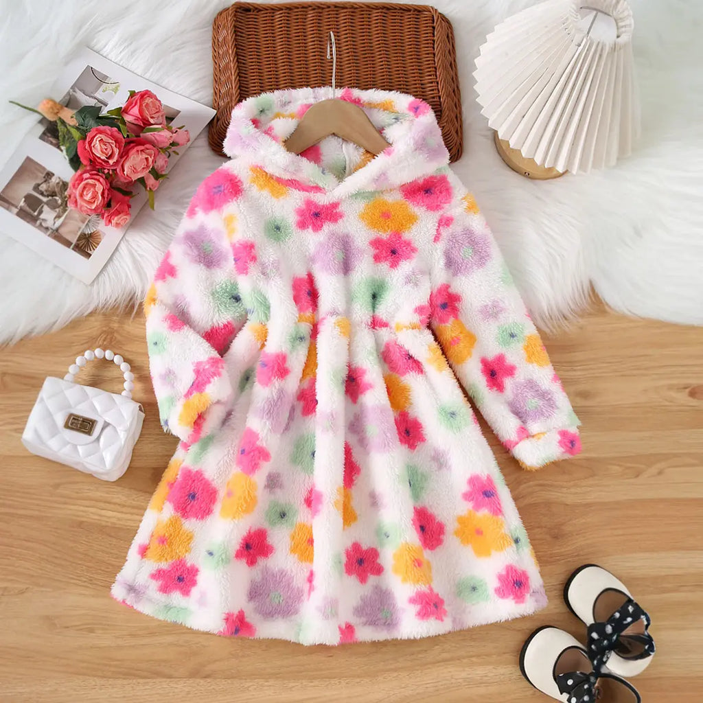 Girls Multicolor Floral Print Hooded Fleece Dress Casual Dresses Multicolor 3-4 Y
