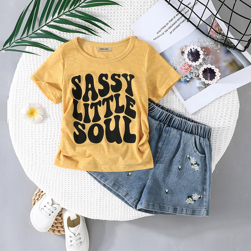 Girls Yellow Printed T-shirt with Embroidered Denim Shorts Set Sets