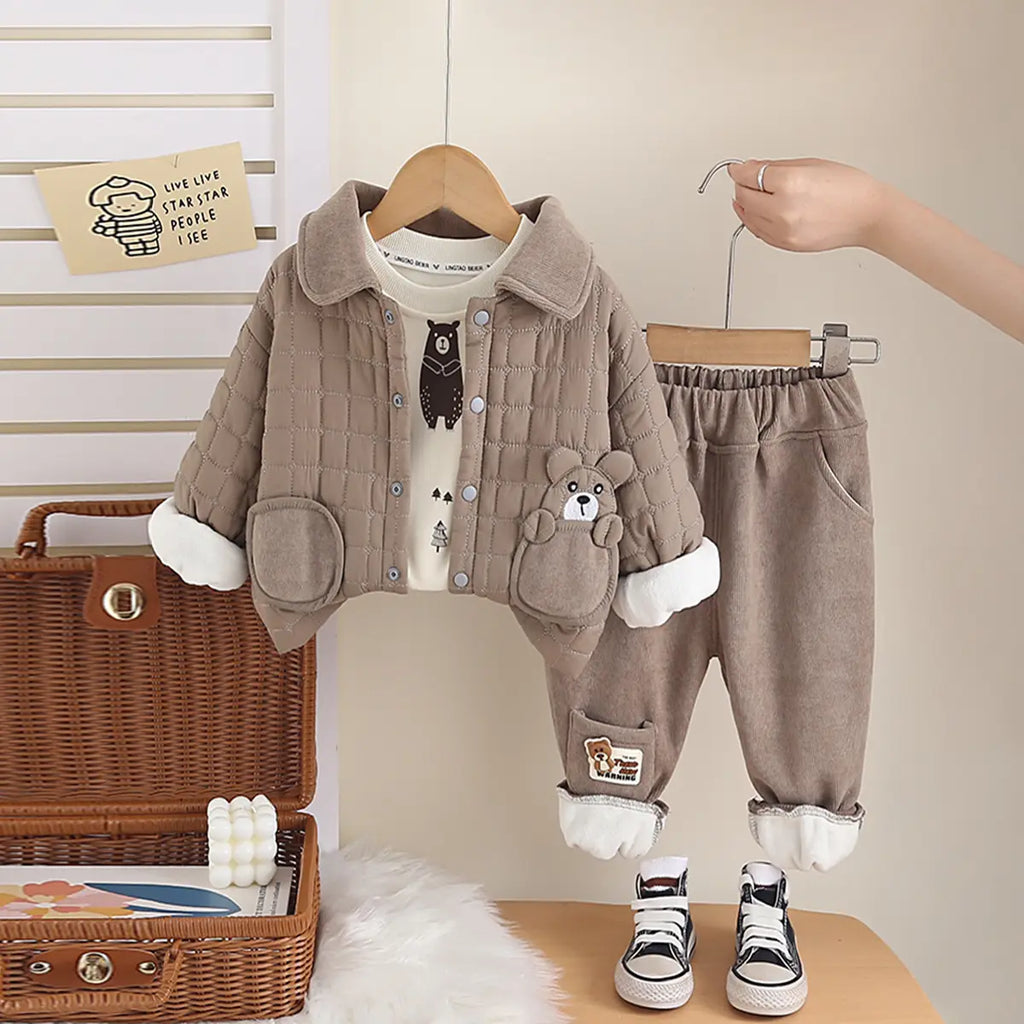 Boys Khaki Quilted jacket With T-Shirt & Jogger Sets Sets Khaki 1-2 Y