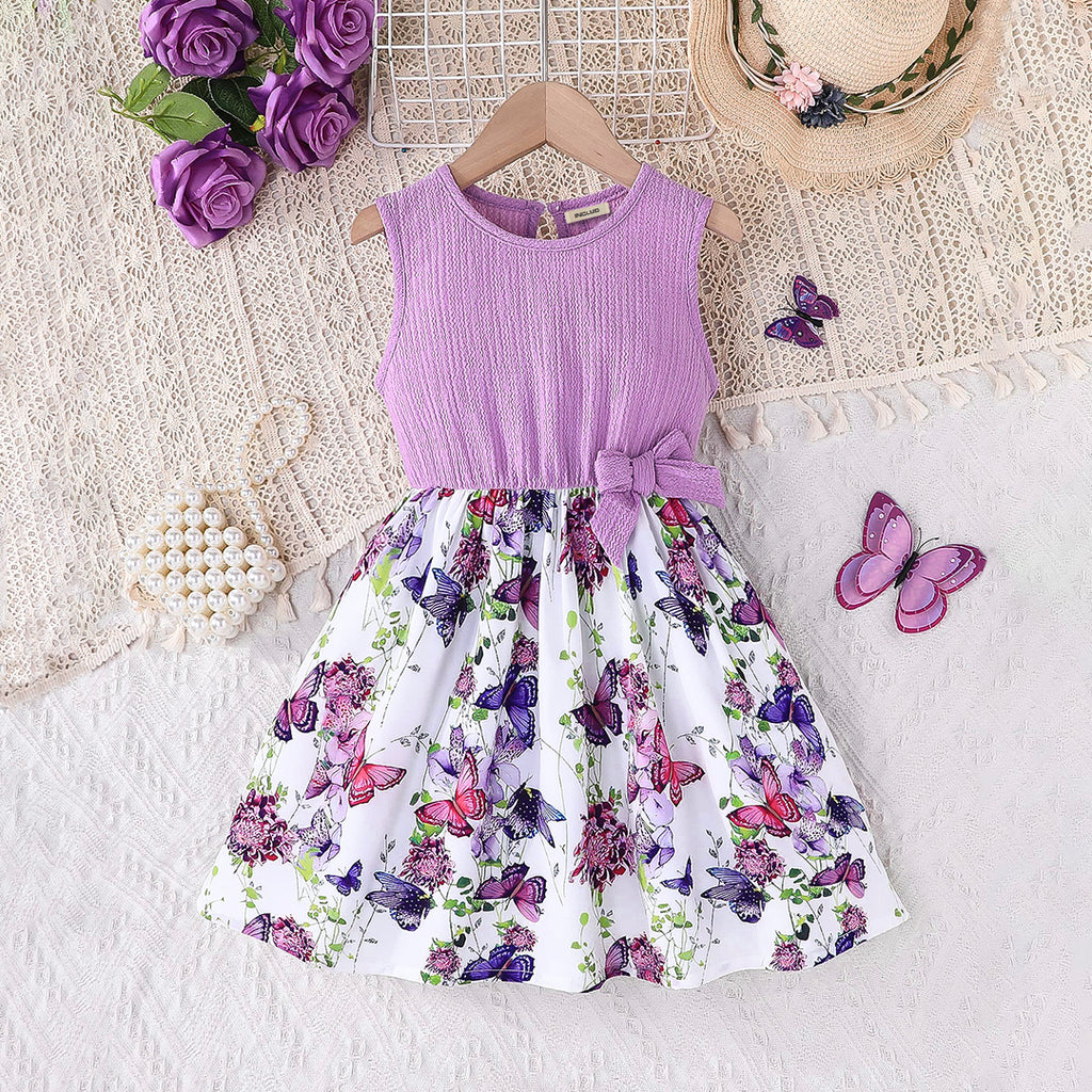 Girls Purple Sleeveless Butterfly Printed Fit & Flare Dress Casual Dresses Purple 2-3 Y