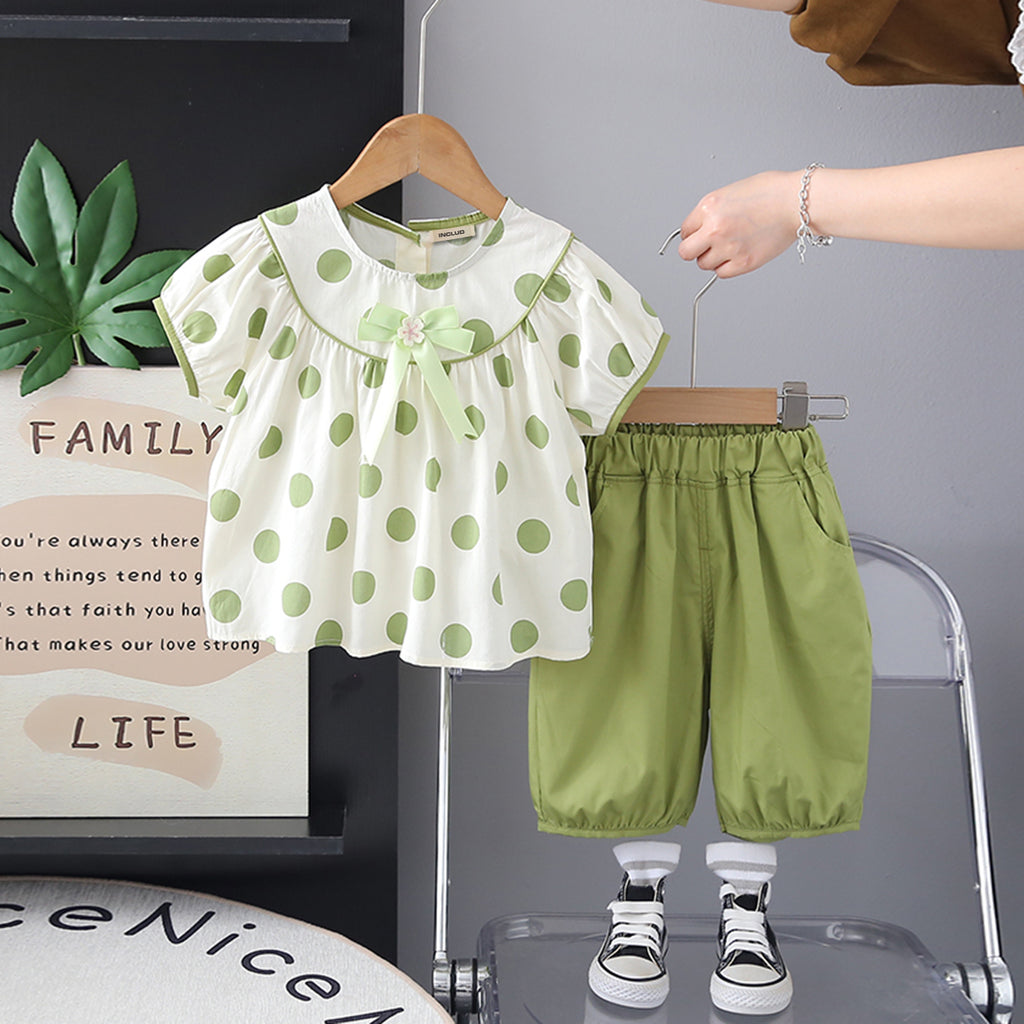 Girls Green Polka Dot Printed Puff Sleeves Top With Capri Set 2 pc. Sets Green 1-2 Y