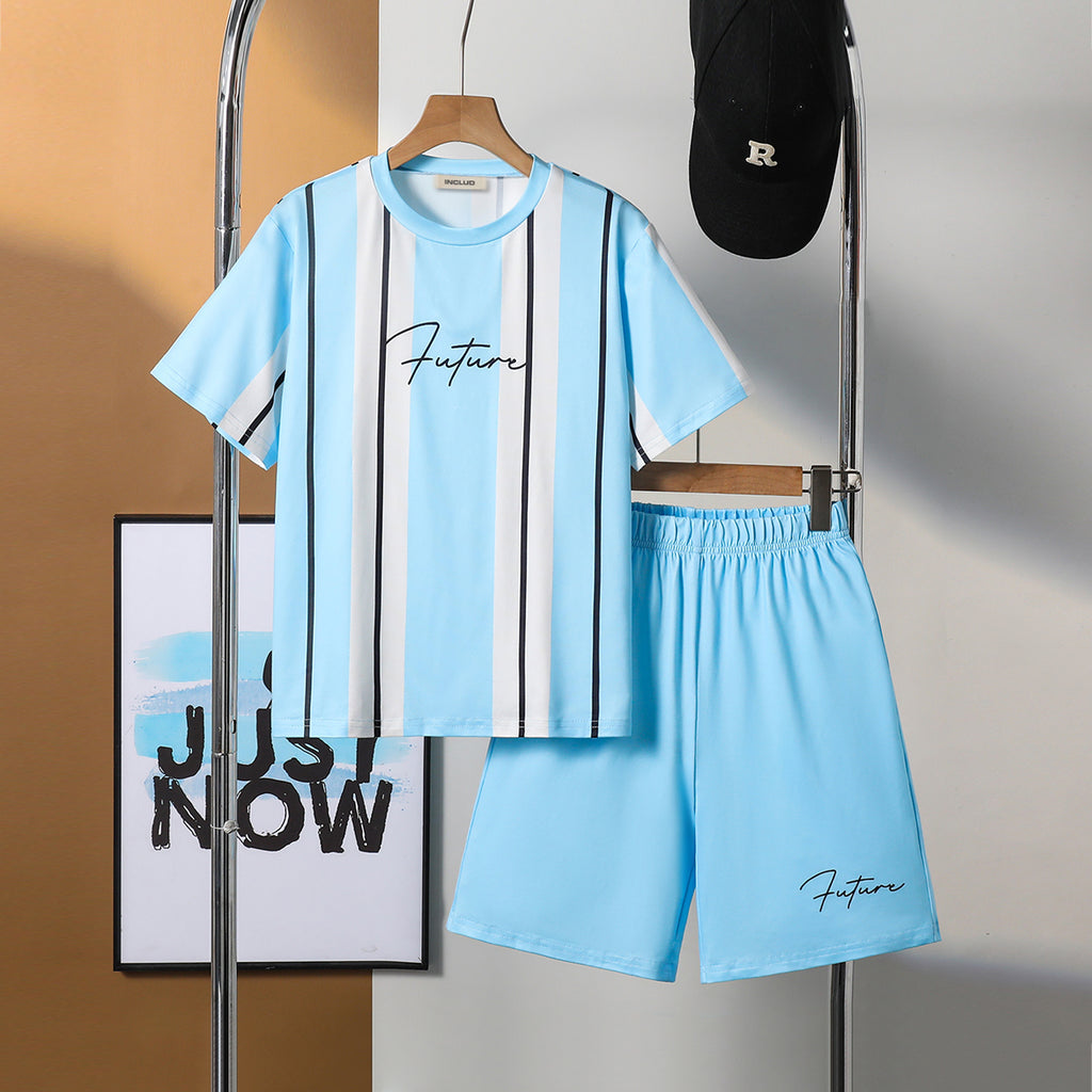 Boys Light Blue Striped Short Sleeves T-Shirt With Shorts Set 2 pc. Sets Light Blue 7-8 Y